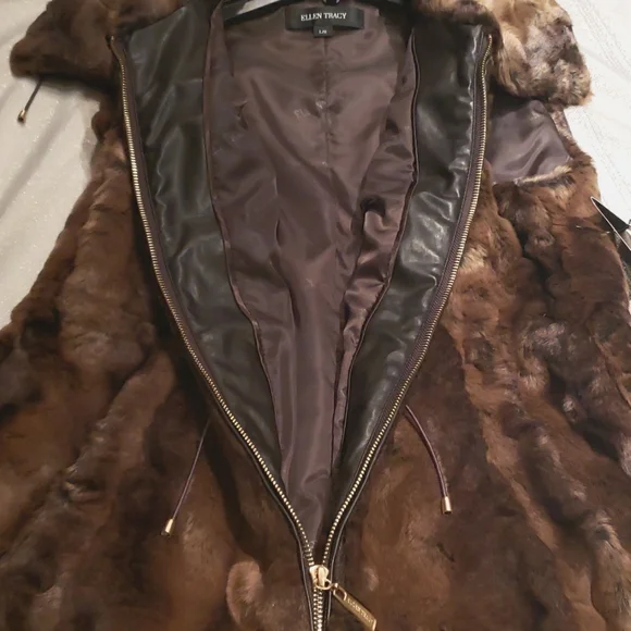 Ellen Tracy NEW VEST Crushed Faux Fur Women's L Drawstring Waist BROWN BLACK NWT - Picture 11 of 16